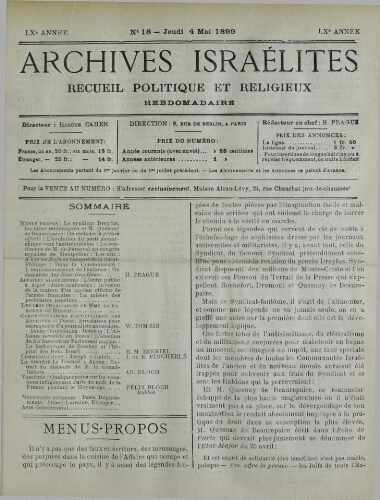 Archives israélites de France. Vol.60 N°18 (04 mai 1899)